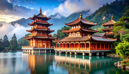 Naklejka premium Serene Asian temple complex by a lake