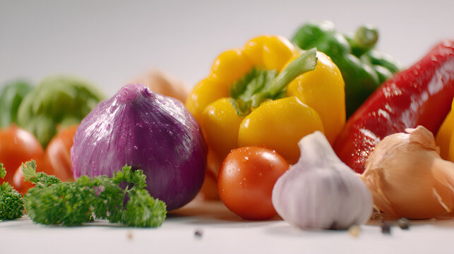 Vibrant medley of fresh vegetables: bell peppers, onions, tomatoes, garlic, and parsley, ready for cooking. - Powered by Adobe