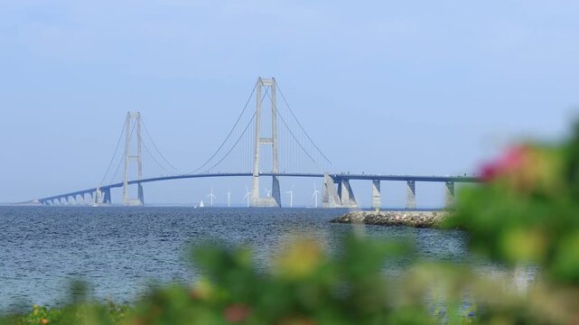 Establishment shot of the Great Belt Bridge in Denmark, travel experience