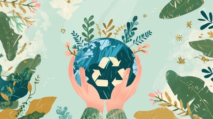 Protective hands holding planet Earth globe with eco recycling symbol surrounded by dense tropical jungle foliage