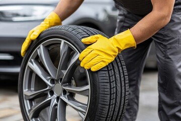 Obraz premium Mechanic with yellow gloves holds a tire and rim, preparing for installation on a vehicle.