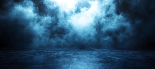 Mysterious blue smoke billows down from a bright light source onto a wet reflective floor creating an atmospheric and dramatic scene
