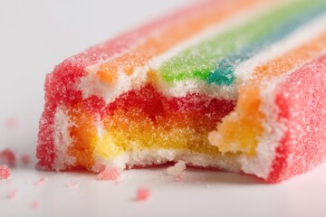 Rainbow candy with bite mark on white surface, colorful sugar coated confectionery