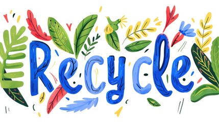 Obraz premium Colorful hand drawn recycle lettering with tropical leaves and flowers on white background. Reduce, reuse, recycling eco concept