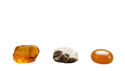 Three Polished Gemstones Amber White Stone and Golden Orb on Transparent Background