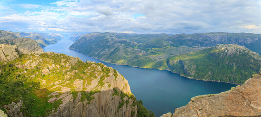 Panoramic aerial view of the Lysefjord from Pulpit Rock, Norway summer, travel experience
