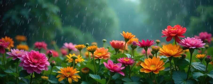 A melancholic scene of rain falling on vibrant flowers, conveying a sense of emotional cleansing and renewal The image evokes feelings of sadness, yet also hope and resilience , hope, cleansing