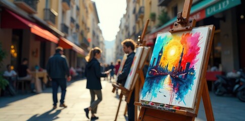 Obraz premium Urban scene, artists sketching outdoors on easels, capturing city life Vibrant colors, sunlight, creative atmosphere, street art elements Focus on the artistic process , architecture, focus, colors
