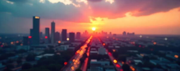 A blurred city skyline at sunset, representing the ephemeral nature of time and the relentless march of progress toward an uncertain future , blurred background, advancement