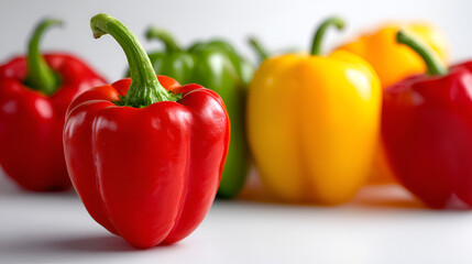 Colorful bell peppers: Vibrant red, green, and yellow hues on a clean white background showcase fresh produce