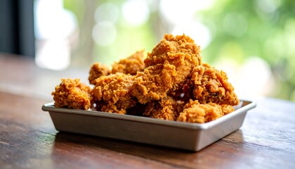 Crispy fried chicken pieces in a metal tray on a wooden table