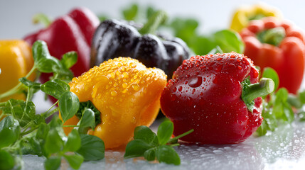 Vibrant mix of fresh, dewy bell peppers, showcasing a colorful and healthy produce selection.