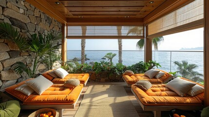 Lounge area overlooking the ocean with orange daybeds inside