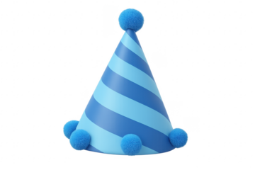Blue and light blue striped party hat with pom poms on transparent background