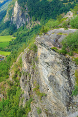 Aerial view of the narrow Geiranger fjord and Marina AS in summer Norway