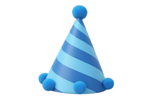 Blue and light blue striped party hat with pom poms on transparent background