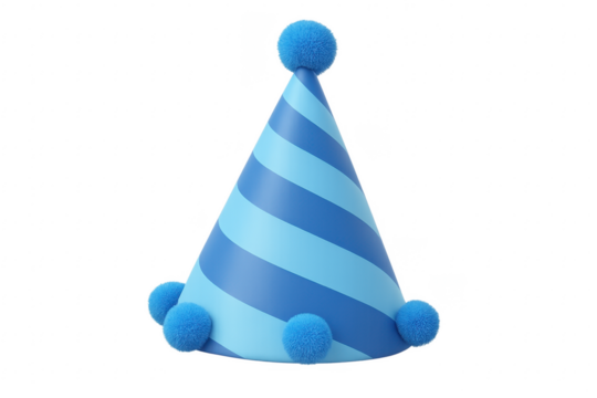 Blue and light blue striped party hat with pom poms on transparent background