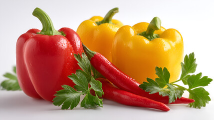 A colorful still life showcasing a red bell pepper, two yellow bell peppers, chili peppers and parsley.