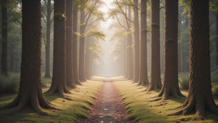 Obraz premium Lined Forest Path in Morning Sunlight, a Tranquil Nature Scene