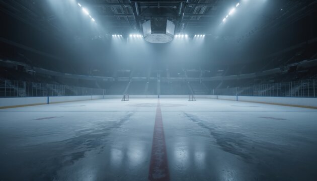 Empty hockey arena with ice rink, stadium seats, and bright lights. Foggy atmosphere and blurred background create dramatic mood. Frosty surface shows reflections and scratches from skates.