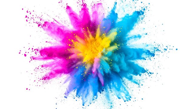 Vibrant explosion of colorful powder paints bursts outwards against a plain white background. - Powered by Adobe
