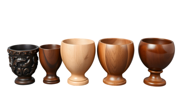 Collection of wooden goblets and chalices in a row with a transparent background