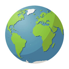 Simplified globe illustration, continents depicted in green, oceans in blue.