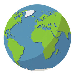 A simplified, illustrated globe showing continents, oceans, and Greenland, with a shadow effect.