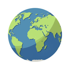 Stylized illustration of the Earth globe showing continents and oceans, with a flat design and shadow effect.