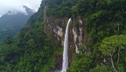 Lush waterfall cascading down a rocky cliff face in a dense rainforest