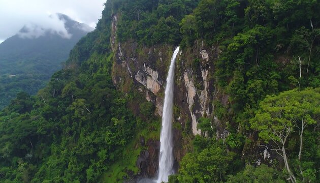 Lush waterfall cascading down a rocky cliff face in a dense rainforest - Powered by Adobe