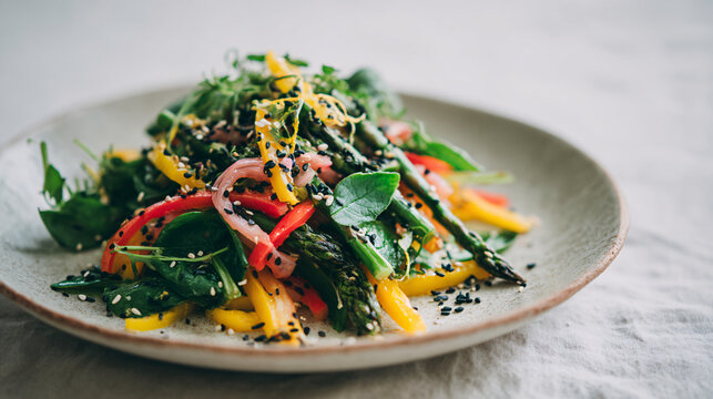 Colorful Spring Salad with Spinach, Pickled Onion, and Sesame Seeds
