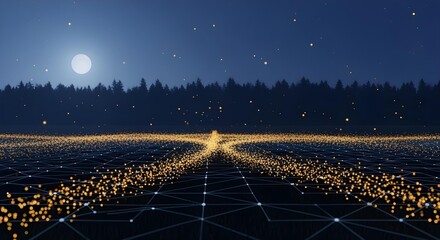 Animation of binary data bits streaming across a dark network grid