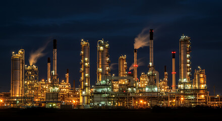 Obraz premium Illuminated industrial complex with towers, pipes, and smoke against a dark sky at night.