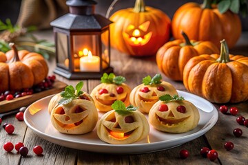Fototapeta premium Halloween Treats Carved Apple Pumpkins on Wooden Table