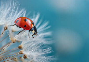 A close-up of an elegant ladybug perched on the fluffy seeds of a dandelion, in the style of macro photography, with a macro lens capturing intricate details and textures. A serene white background en