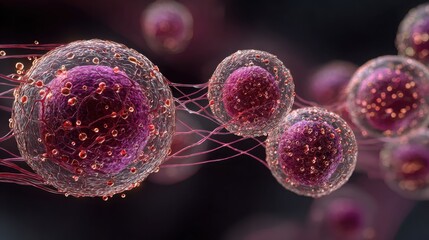 Microscopic view of cells connected with filaments around them