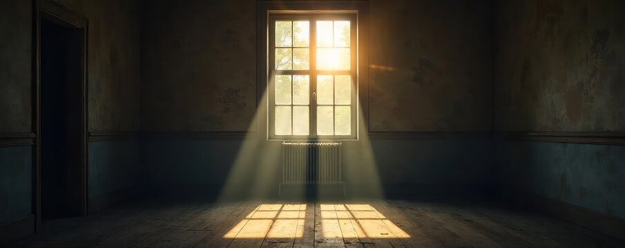 Gloomy indoor scene, late afternoon light filtering through a window, dust motes visible in the sunbeams Empty room, feeling of quiet solitude and time passing slowly , vacant, shadows