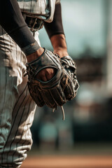 Close-up of a baseball player in striped uniform adjusting his glove, captured before action on the field with a strong focus on hands and gear.