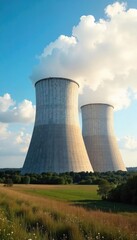 Fototapeta premium Imposing Industrial Cooling Towers Against a Clear Sky, Vapor Plumes Rising on a Sunny Day, showcasing impressive scale and intricate metal structures.