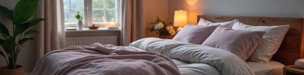 Serene bedroom scene with soft lighting, plush bedding, and calming decor, perfect for a peaceful night's rest Ideal for sleep, relaxation, and wellness themes , healing, sheets