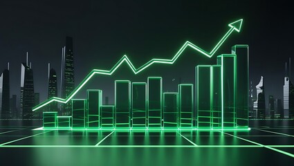 Futuristic glowing data visualization graph with neon light bars and line chart on dark background