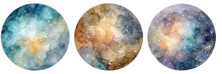 Three circular watercolor paintings of celestial bodies, featuring swirling nebulae in shades of blue, brown, and gold, speckled with tiny glittering stars
