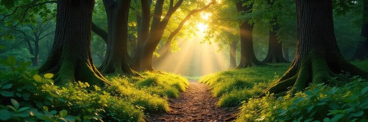 Obraz premium Sun-dappled woodland path winds through ancient trees, sunlight filtering through leaves onto mossy ground A sense of peace and tranquility pervades the scene , enchanted, calm