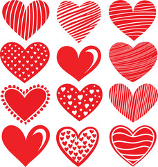 Set of hand-drawn red hearts in different styles and shapes,Collection of hand-drawn red hearts on vector, Valentine's Day designs,Vibrant collection of hand-drawn red hearts,Set of red hearts,Ai