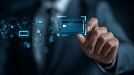 Secure online payment concept showing a businessman authenticating a digital credit card transaction, highlighting fintech innovation, financial security, encryption, and global ecommerce trends