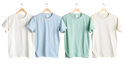 Four assorted color t-shirts hanging on wooden hangers