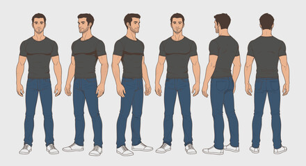 Casual man character turnaround sheet with multiple views for animation, game design, or storyboarding.