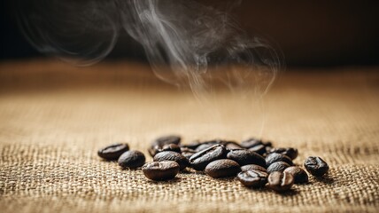 Close-up of coffee beans with steam under warm lighting on burlap texture conveying gourmet aesthetics and cozy beverage culture