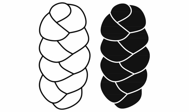 Challah or hallah also known as berches bread icon in outline and silhouette solid style, showing braided loaf with rounded segments, perfect for food, bakery, Jewish tradition, Shabbat, holiday, and 
